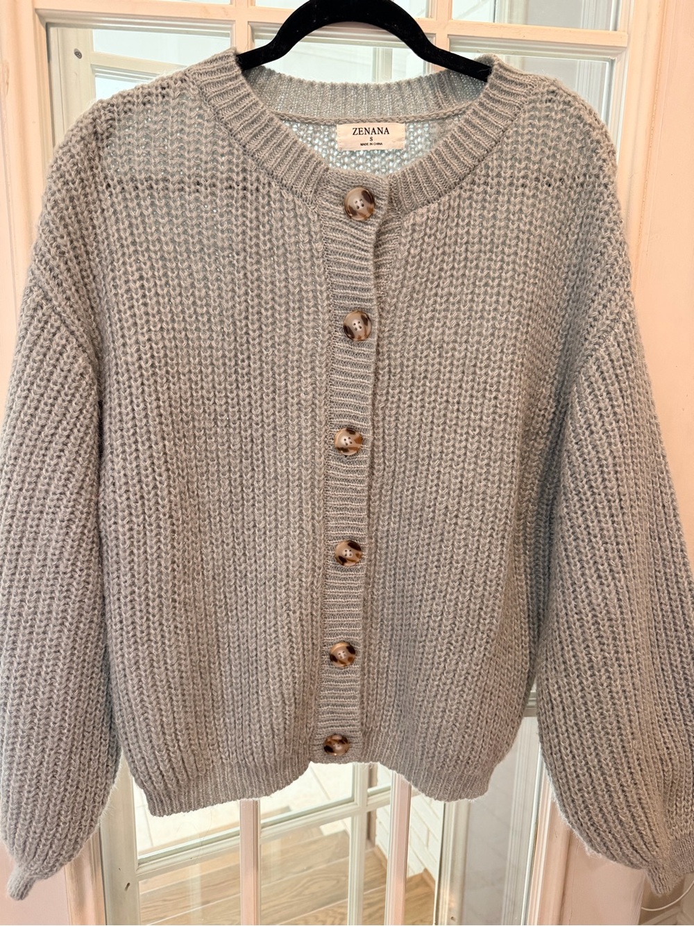Zenana Outfitters Womens Light Gray/ Blue Button-Front Chunky Knit Cardigan